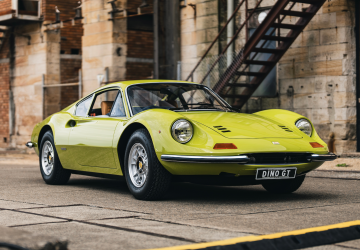 A 1971 Dino 246 GT in rare Argento Auteil with black leather Daytona seats.